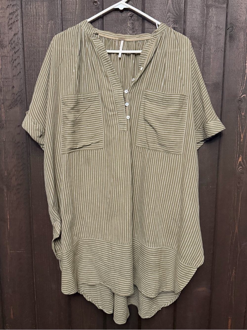 Free People Green Striped Linen Blend Oversized Boho Lagenlook Tunic Dress Sz LG